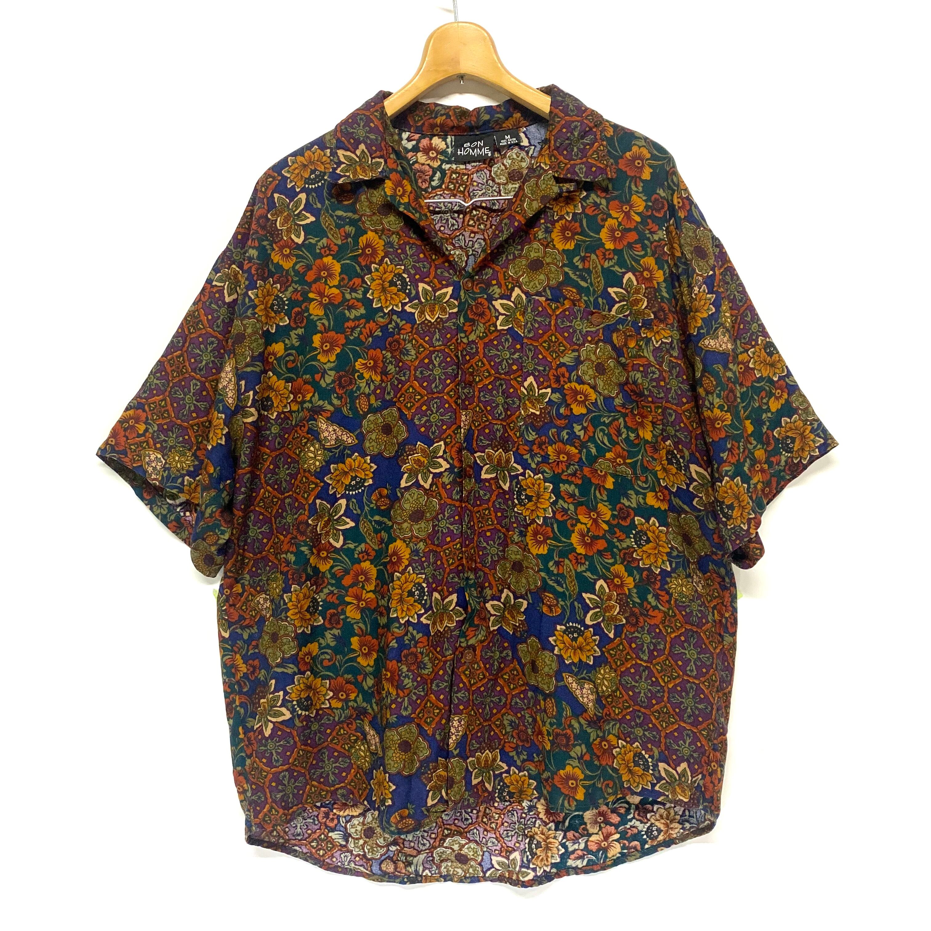 【美品】Bon Vieux ボンビュー　半袖シャツ エクリュ　M BON HOMME USA製 半袖 レーヨンシャツ 花柄 メンズM 古着【半袖