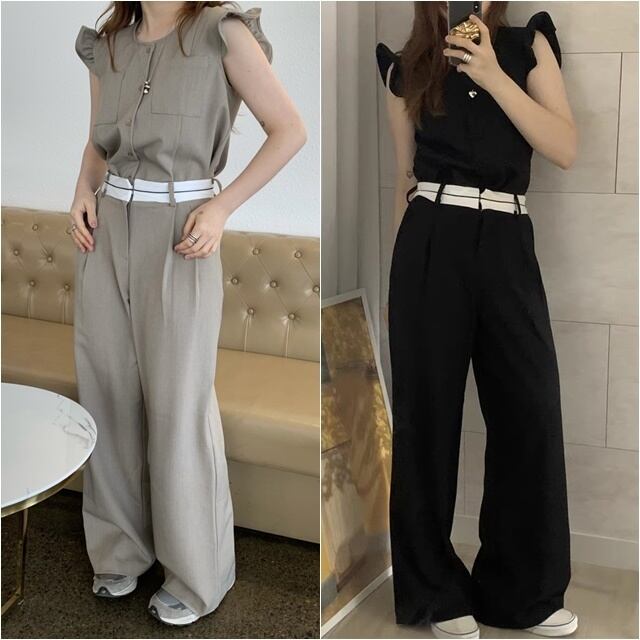 【予約販売】セットアップ レディース フリル ブラック ベージュ 無地 ウエストマーク ワイドパンツ ハイウエスト 半袖 美ライン こなれ感 大人可愛い 楽ちん 旅行 韓国 春 夏 秋 トレンド S/M