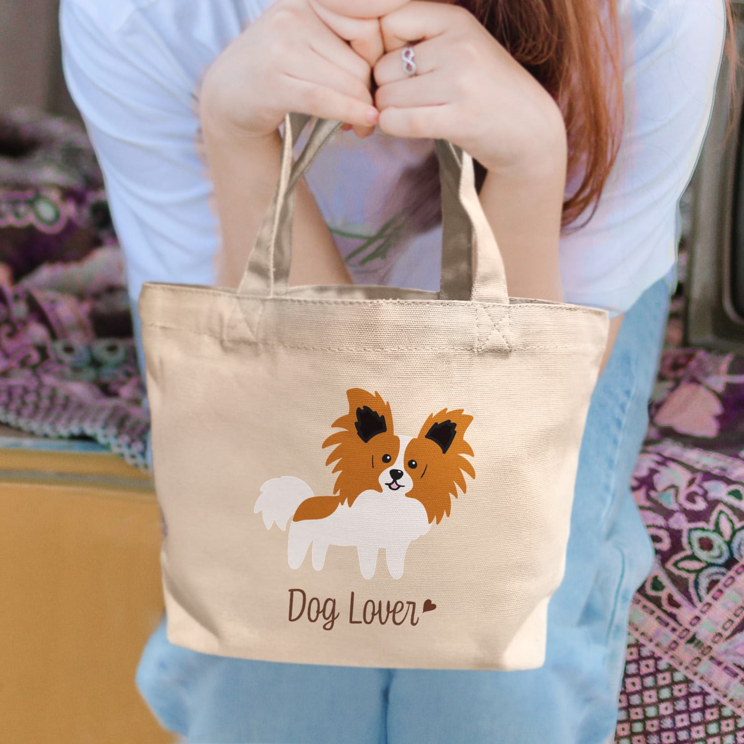 パピヨン シンプル柄 毛色4色 】ミニキャンバス トートバッグ 犬