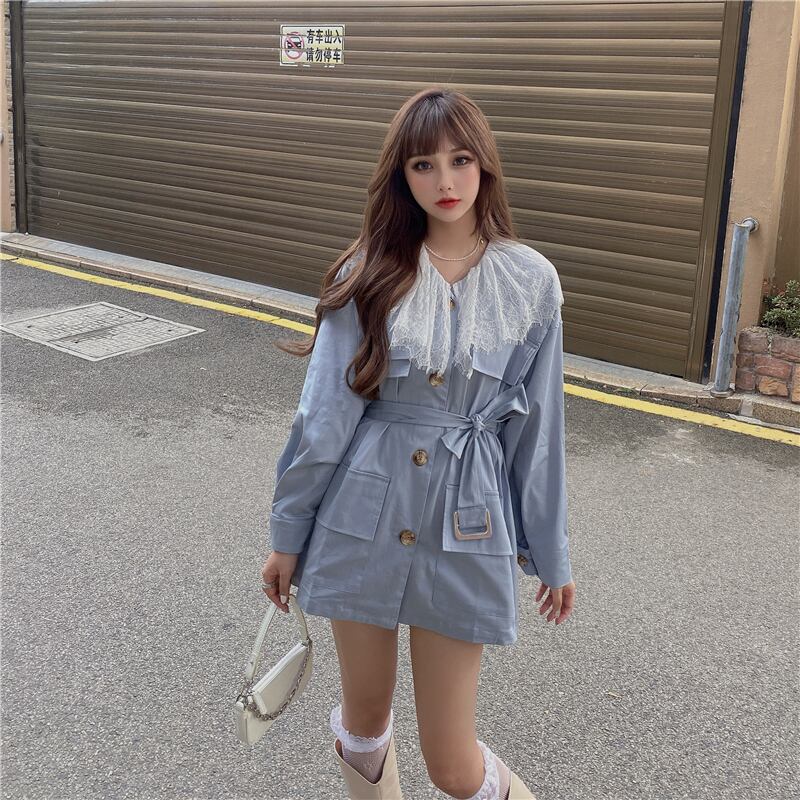 オールマッチレースステッチスモールミドル丈ウインドブレーカージャケット女性2020年秋新気性ブルーコート ブラックストロベリース86309292194