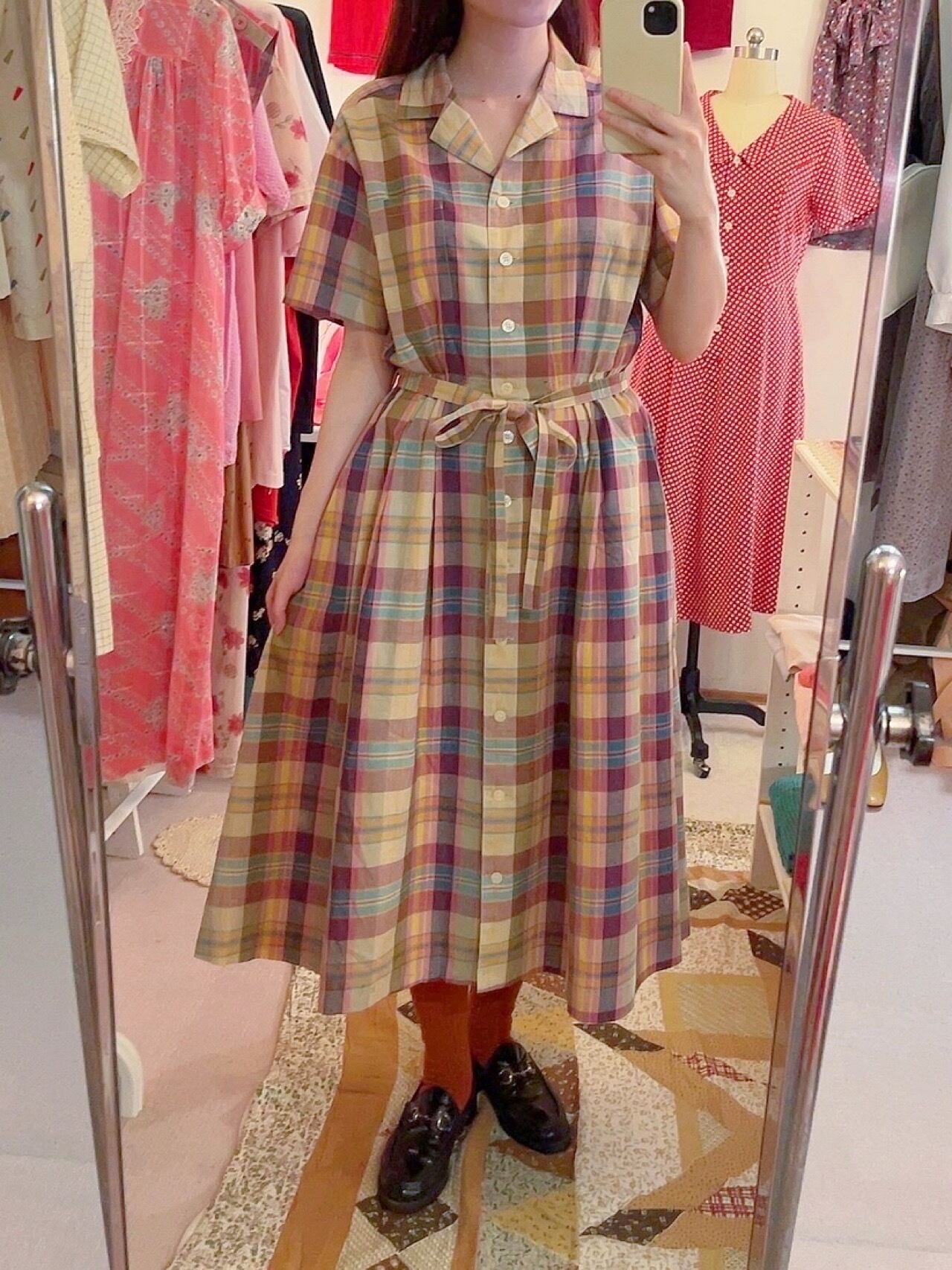 yellow pink check open collar one-piece