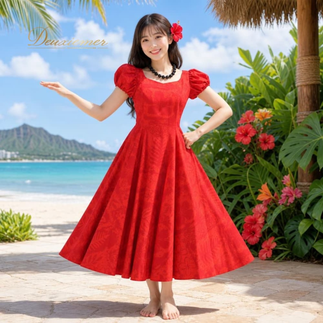 フラダンス 衣装 MENEHUNE PLANTETION メネフネプランテーション ワンピース ドレス レッド系 日本製 ワンカラー プルメリア柄 ハイビスカス柄 かわいい 華やか 鮮やか 明るい ハワイアン アロハ ハワイアンプリント ダンス レッスン 練習