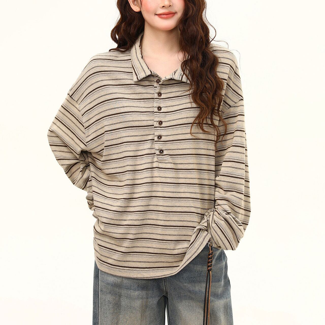 レトロボーダーヘンリーネックポロロングスリーブTシャツ 2col R02518