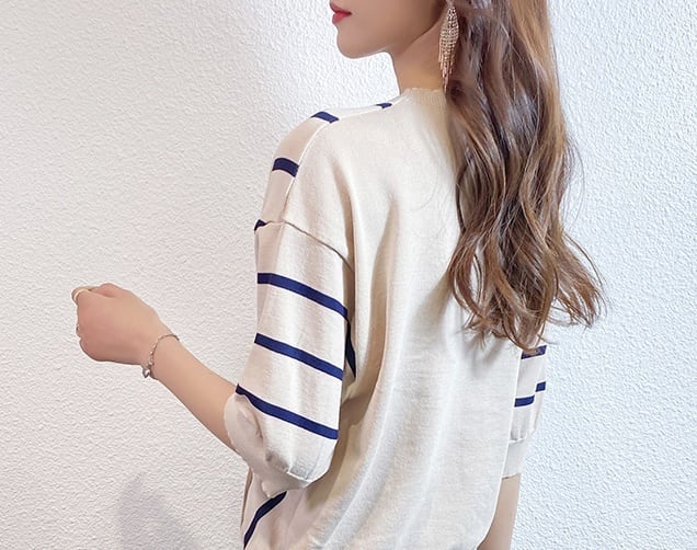 トップス ニットソー プルオーバー ミディアム丈 袖あり 5分袖