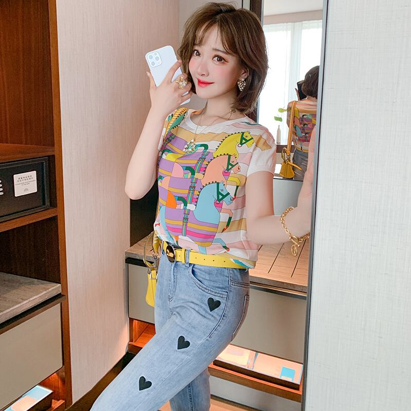 プリントラウンドネック半袖スリーブTシャツ スプリングサマー ショート ハーフスリーブ 春物 夏物 Oネック MIUCO85511564182