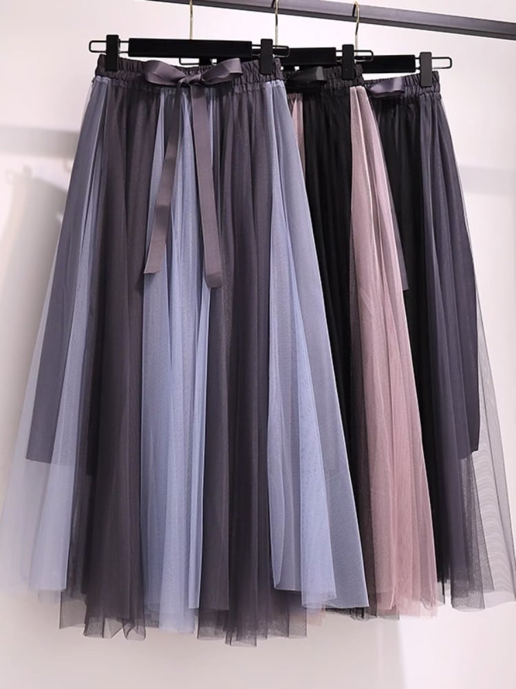 エレガントに魅せる上品なチュールスカート ウエストリボン ハイウエスト ロング ウエストゴム 裏地付き 大きいサイズ 韓国 CH9746