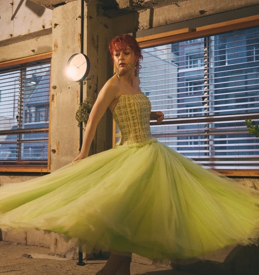 ツイードドレス イエロー ベアトップ パフスリーブ パーティードレス  