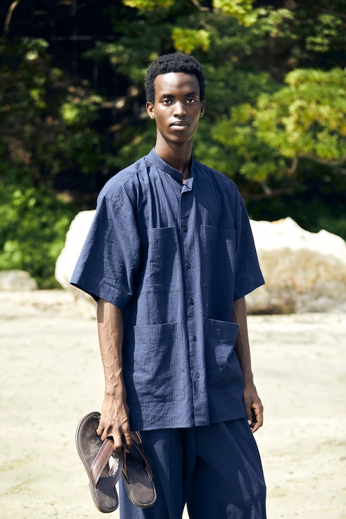 POSTELEGANT " Cotton Linen Stripe Short Sleeve Shirts ( Navy Stripe )"