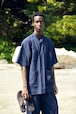 POSTELEGANT " Cotton Linen Stripe Short Sleeve Shirts ( Navy Stripe )"