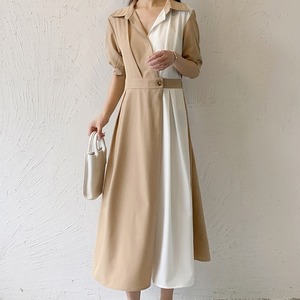 ワンピース レディース ドレス シャツワンピース レギュラーカラー バイカラー タック ウエストマーク ロングワンピース リ半袖 スキッパー おしゃれ シンプル オトナ女子 セクシー フェミニン エレガント 上品 カジュアル デート お呼ばれ 休日 おでかけ 春 夏 サマードレス ネイビー カーキ S M L XL 2XL