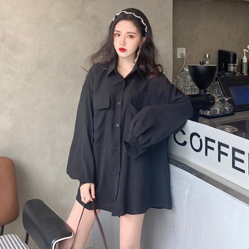 ブラウス レディーススプリングルーズブラックスタンダードシャツ レトロ 春物 ドラファッションホール7333947803