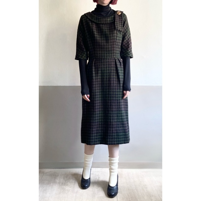 1960s Green Brown Plaid Button Dress