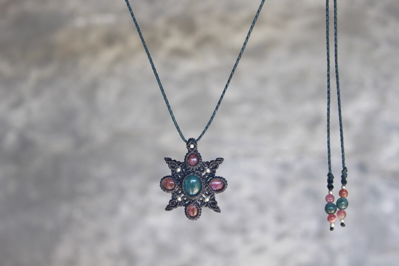 Blue Apatite & Pink Tourmaline micro macrame mandala pendant