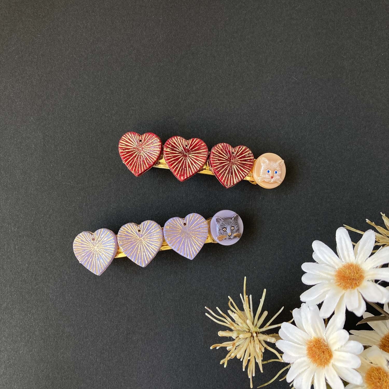チェコ放射ハートとネコのバレッタ | Dua-アクセサリーパーツショップ