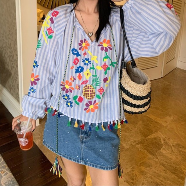 colorful tropical flower tassel stripe shirt  e2041