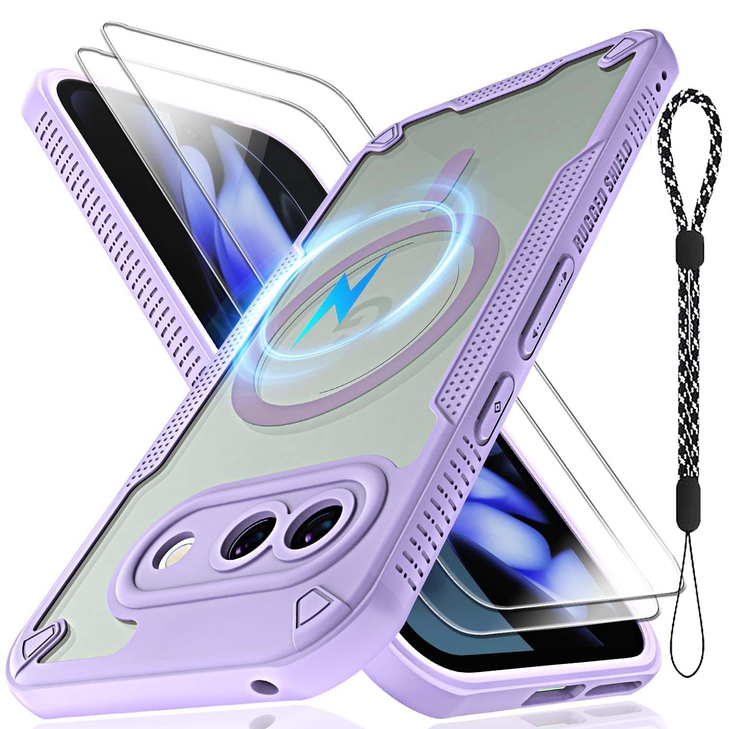 Pixel 9Aケース用Magsafe対応磁気スリム耐衝撃保護ケース、ランヤードストラップと2*9 h強化ガラスのスクリーンプロテクターとバック半透明のマット電話カバー6.3インチ(パープル)