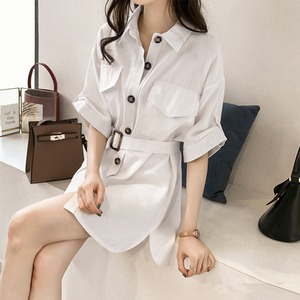 シャツワンピース レディース 送料無料 ミニ 5分袖 ベルト付き 春夏秋 121997