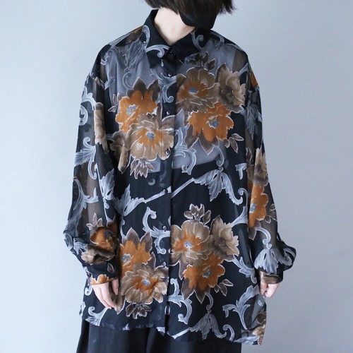 beautiful flower art pattern black mode see-through shirt