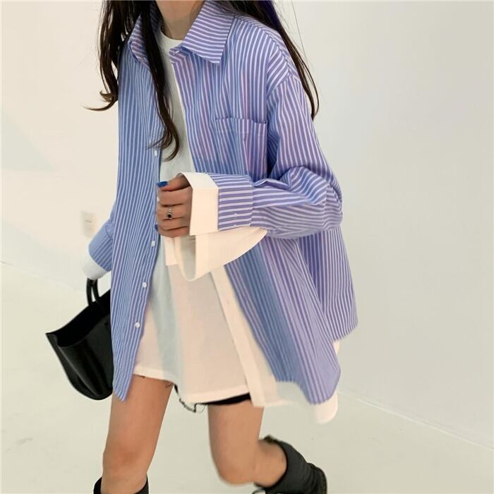 シャツ レディーススタンダードストライプジャケット スプリングサマートップス ロング レトロ 春物 夏物 モンロー85583820865