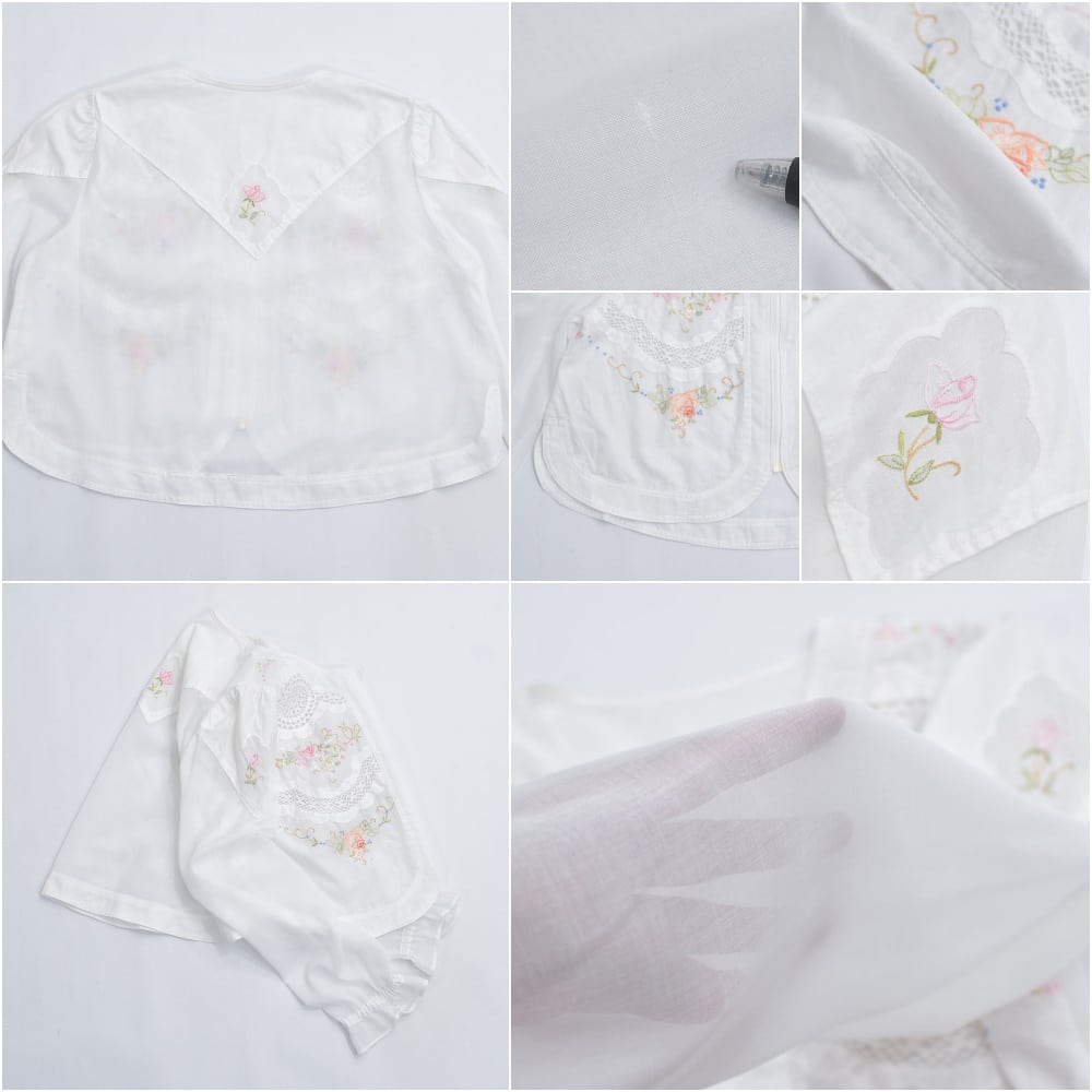 ホワイト レース編み ジャンパー 　タグ付き 80～90s Design Jacket花柄 刺繍 かぎ編み レース シアー 切替