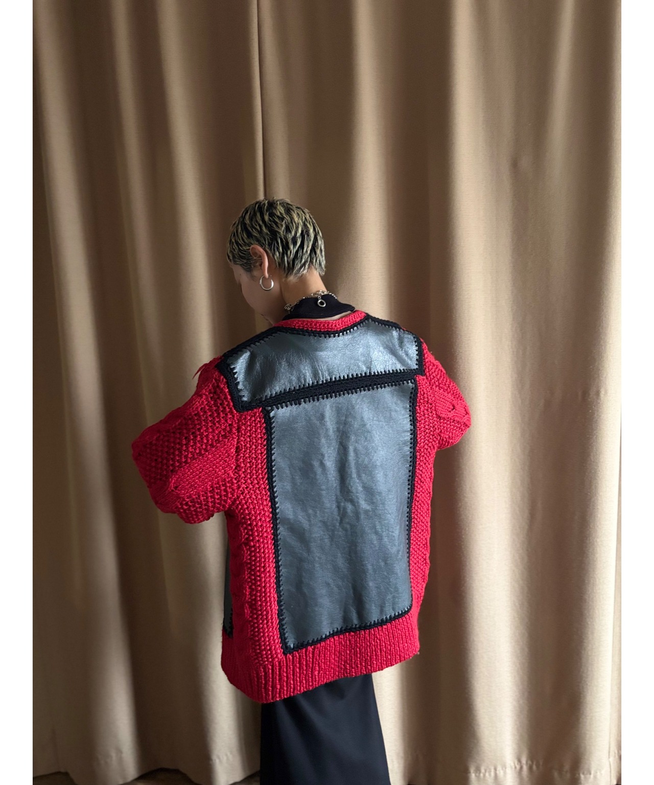 patchwork leather knit cardigan-5043-10