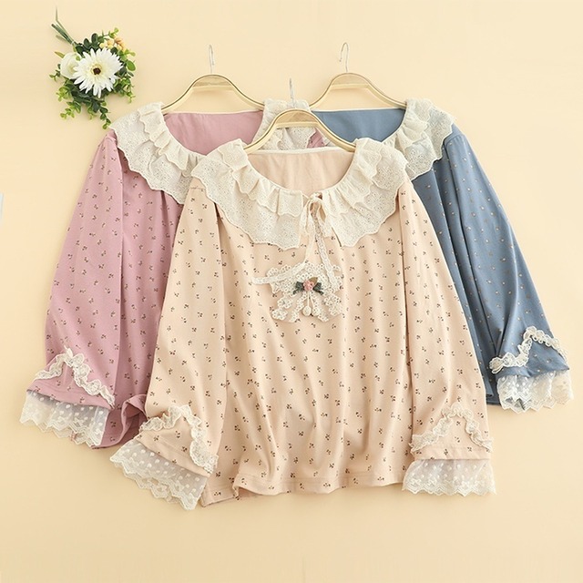 花柄リボンレースパッチワークロングTシャツ W1191