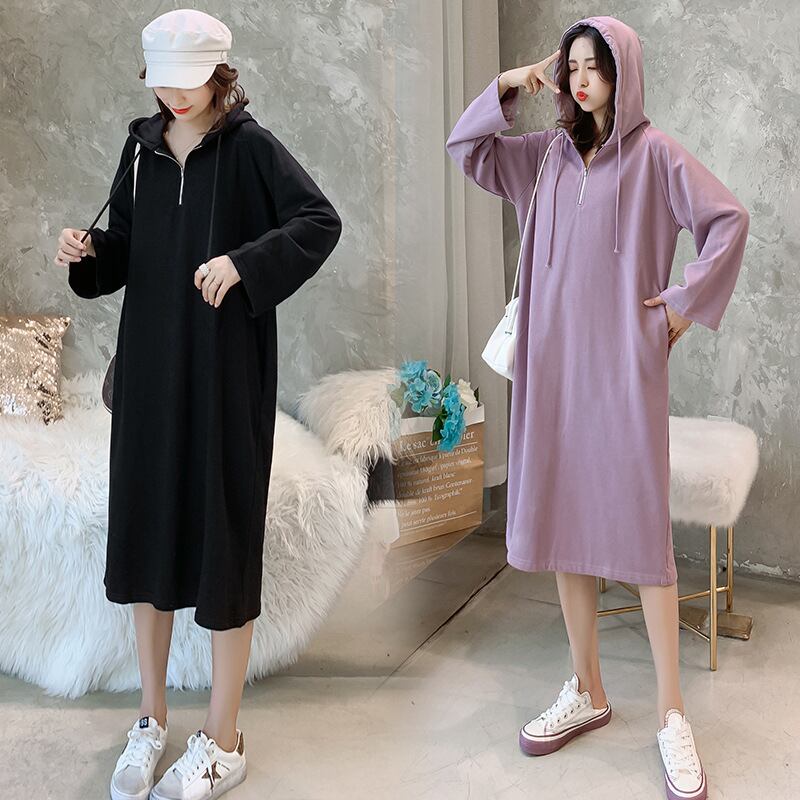 【新作】【送料無料】 マタニティウェア2019秋冬カジュアル新製品ファッションフード付きミドル丈ルーズプラスサイズマタニティドレス-アリババ 大きめサイズ オータム 秋物 ウィンター 冬物 expec223547758714