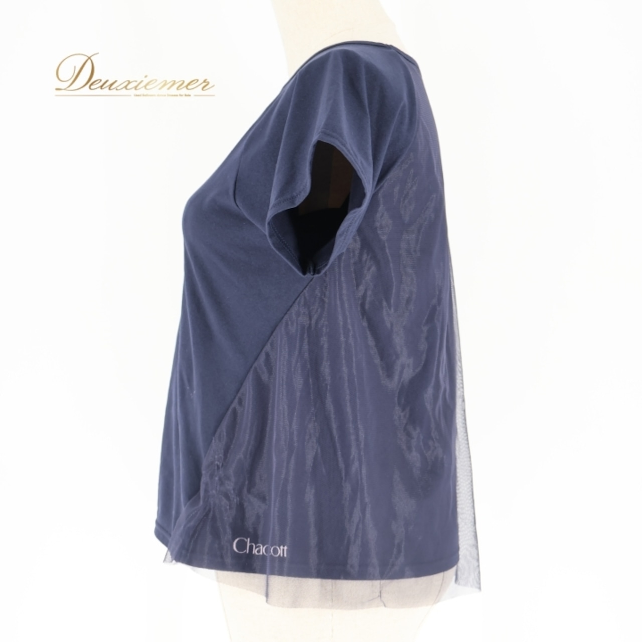 社交ダンス 衣装 トップス ブラウス ネイビー系 チャコット Chacott 紺 日本製 Tシャツ バレエ ヨガ 運動 練習 レッスン 伸縮 ストレッチ 無地 シンプル ダンス衣装 かわいい メッシュ生地