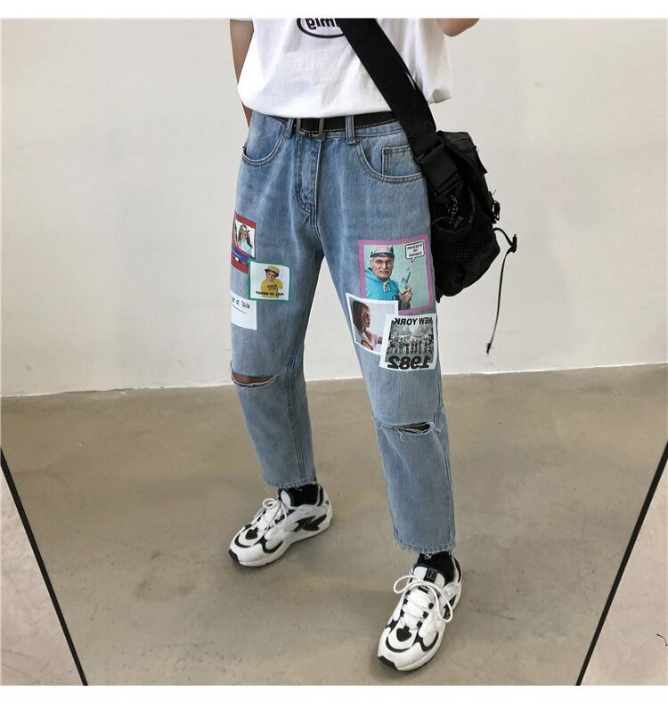 全1色 デニム パンツ ストレート カジュアル プリント