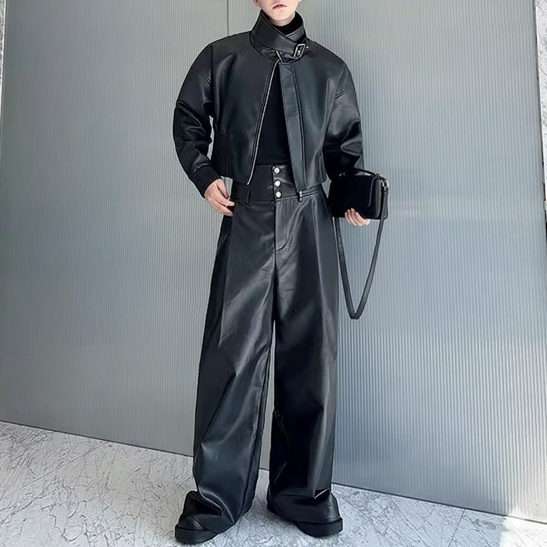 クロップドライダースジャケット&PUレザーワイドパンツ セットアップ D12121