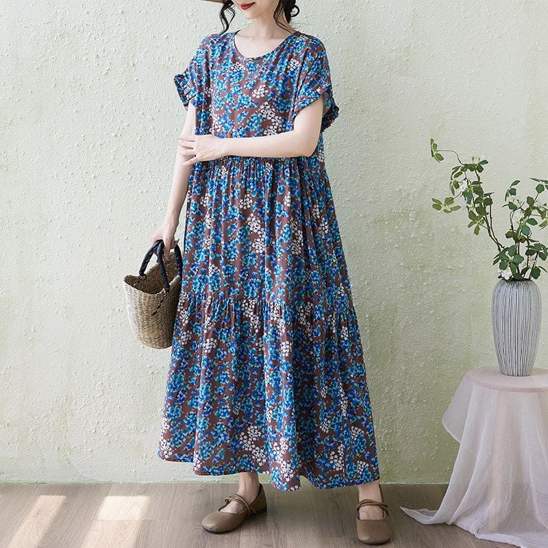 FLORAL PRINT RUFFLED SHORT SLEEVE MAXI DRESS M-17783