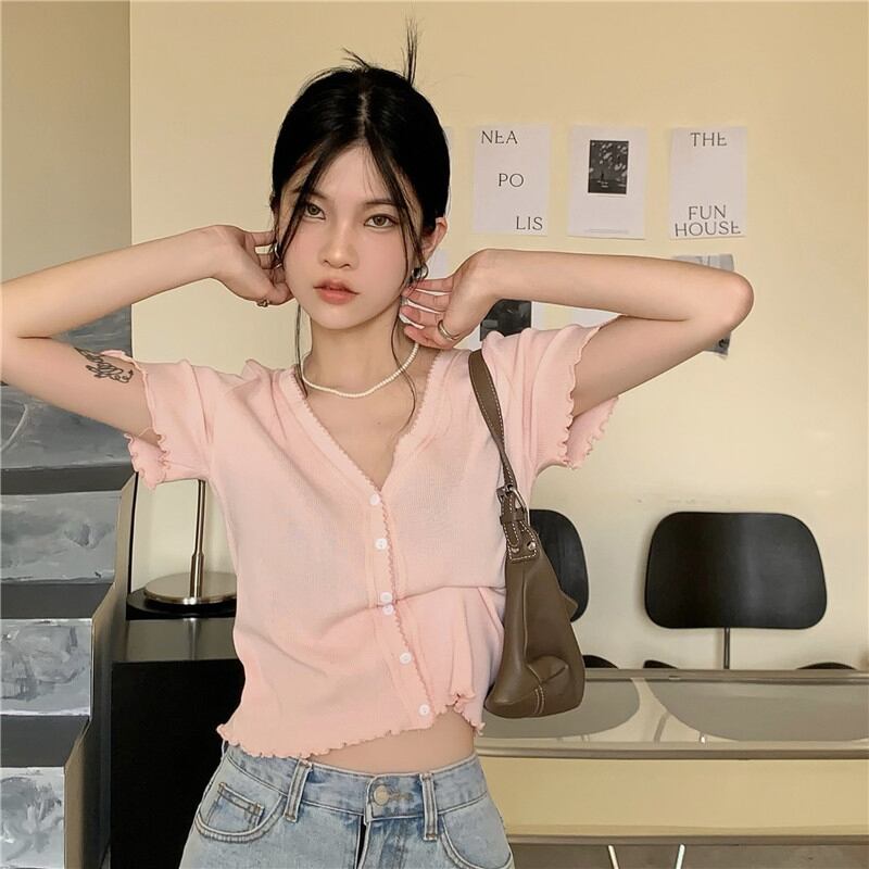 ニットカーディガンサマーショートトップス ピンク 夏物 ブラックストロベリース7598360986