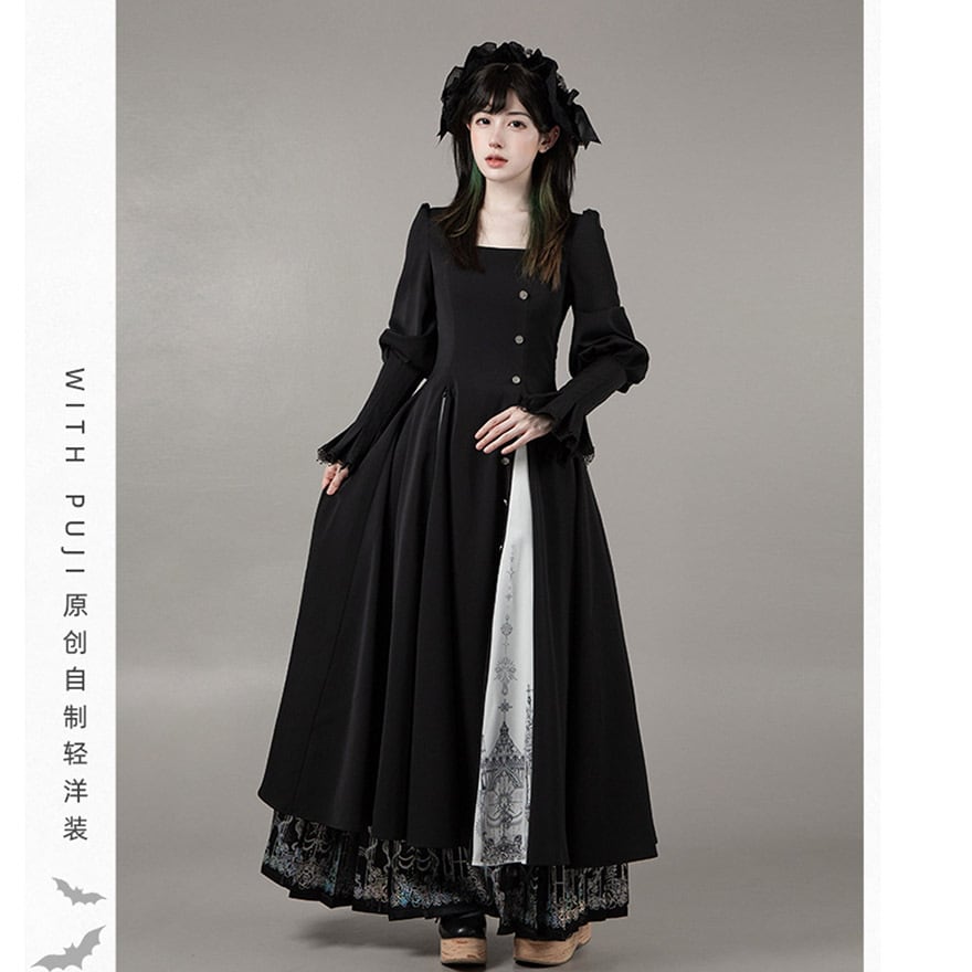 WithU ゴスロリ ワンピース ゴスロリ ワンピース 黒 白 付け襟 ロングドレス 鍵チャーム 4点