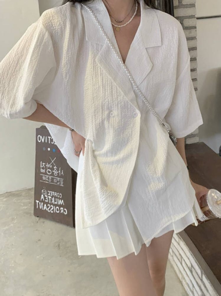 ゆるっと羽織って大人の抜け感 ダブルボタンサマージャケット 半袖 おしゃれ きれいめ カジュアル トレンド 大人 体型カバー 大きいサイズ 韓国 CH10661