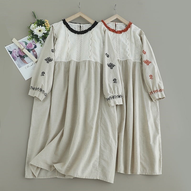 スリーブ刺繍レース切り替えワンピース W0746