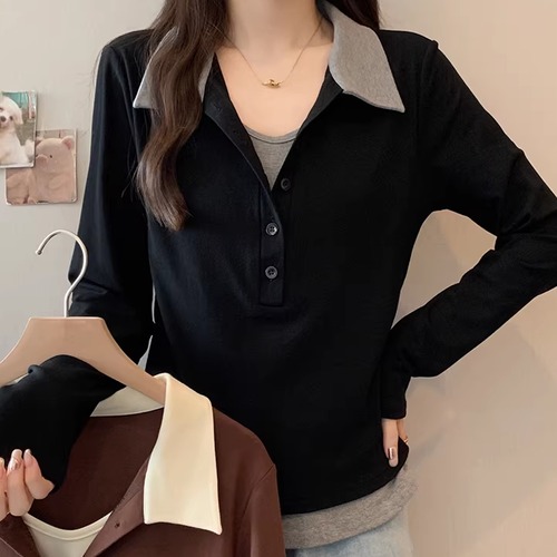 2色／配色ポロカラーレイヤード風トップス ・75375