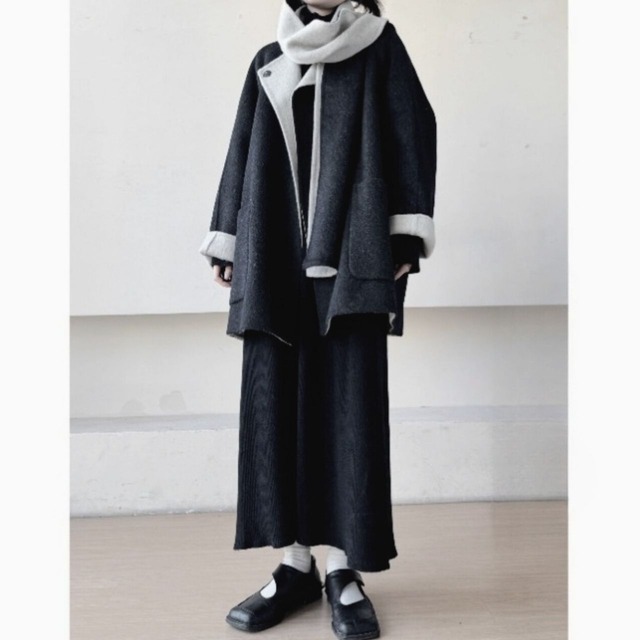 Loose collarless coat and muffler set【2color】 C0868