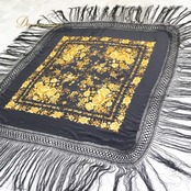 フラメンコ 衣装 マントン シージョ ブラック系 ゴールド系 イエロー系 黒 金 黄色 刺繍 フレコ フリンジ 花柄 四角 大判 スクエア ダンス 小物 ステージ衣装 発表会 舞台 ゴージャス かっこいい
