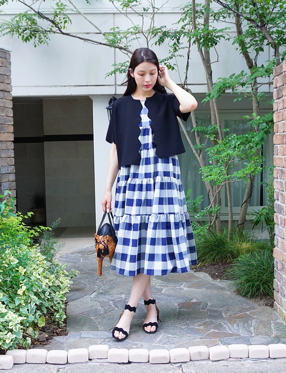 バックリボンティアードワンピース チェック navy | amin pur