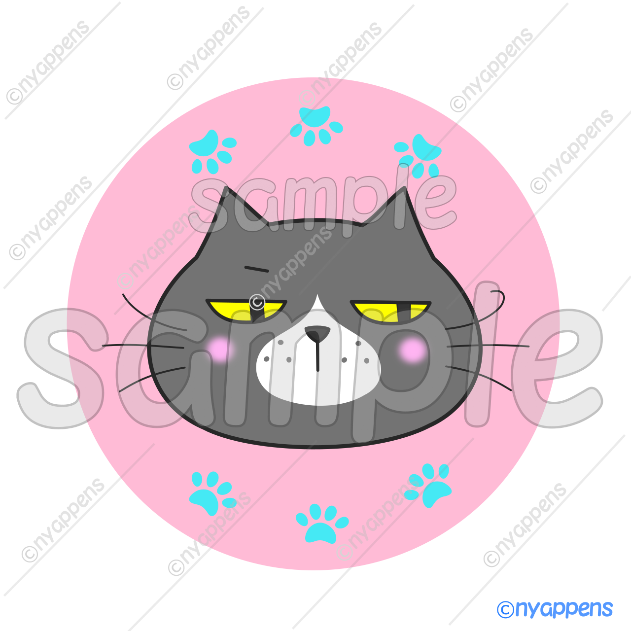 【商用利用OK】ヒゲまる猫イラスト(濃グレー×鼻白)シールやアイコン、素材に!