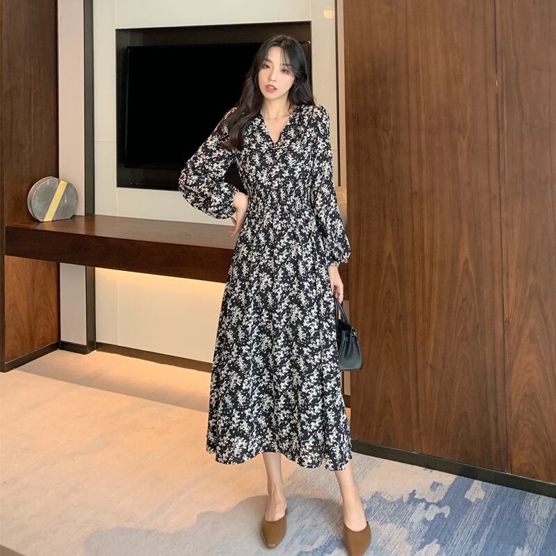 スタンダード薄手オータムシフォンフローラルドレス レトロ 秋物 花柄 スカート YY-ファッション12400564403