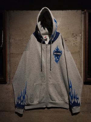 【Caka】“Harley Davidson” ‘05 Blue Fire Pattern Vintage Zip up Hoodie
