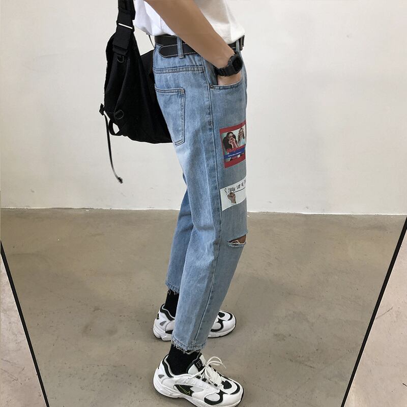 全1色 デニム パンツ ストレート カジュアル プリント