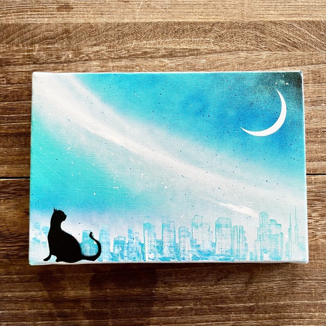 「猫のいる街」原画 黒猫×都市 青 ターコイズ 絵画 キャンバス 風景画 スプレーアート インテリアパネル
