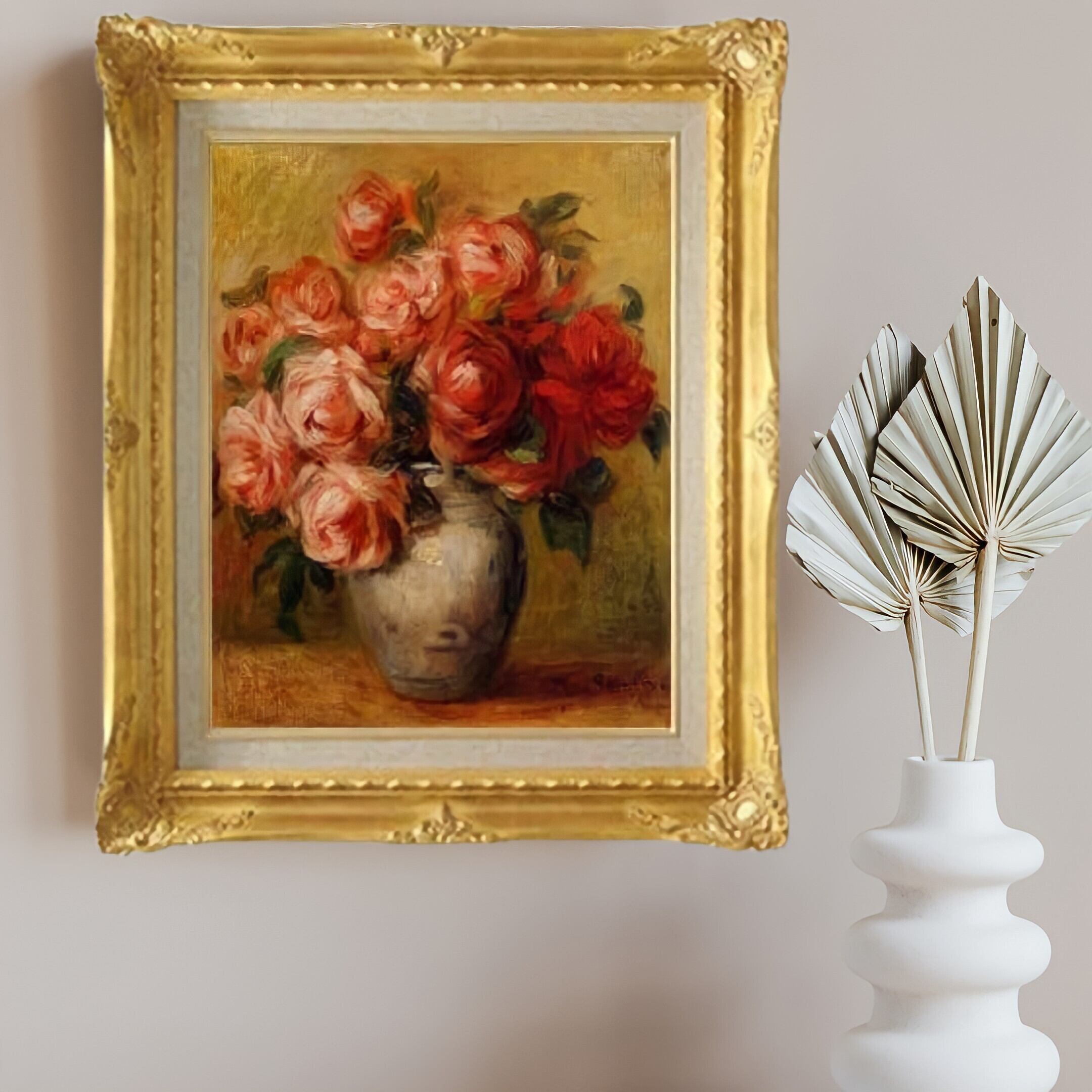 直筆仕上げ油絵【ルノワール】バラのある静物 F6 インテリア 絵画  