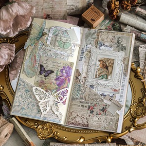 Z56 素材セット 素材紙 100枚入 レトロ アンティーク調 蝶々 薔薇 花 家具 コラージュ素材 海外 ほぼ日