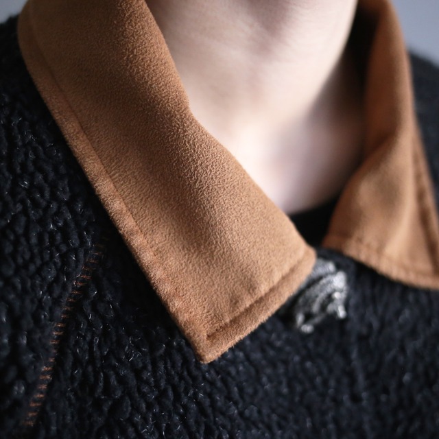 fake suede collar and silver bear button boa fleece jacket