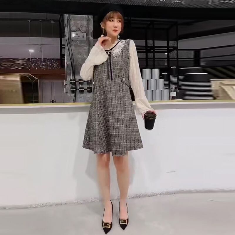 スプリングメッシュドレス ウェスト 大きめサイズ 春物 ステッチ ミックスインファッション27425075077