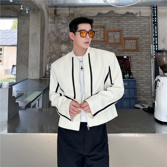 【予約販売】ブルゾン ジャケット 無地 バイカラーライン メンズ ブラック ホワイト ショート丈 ノーカラー ジップアップ こなれ感 お洒落 トレンド 韓国 トレンド M/L/XL