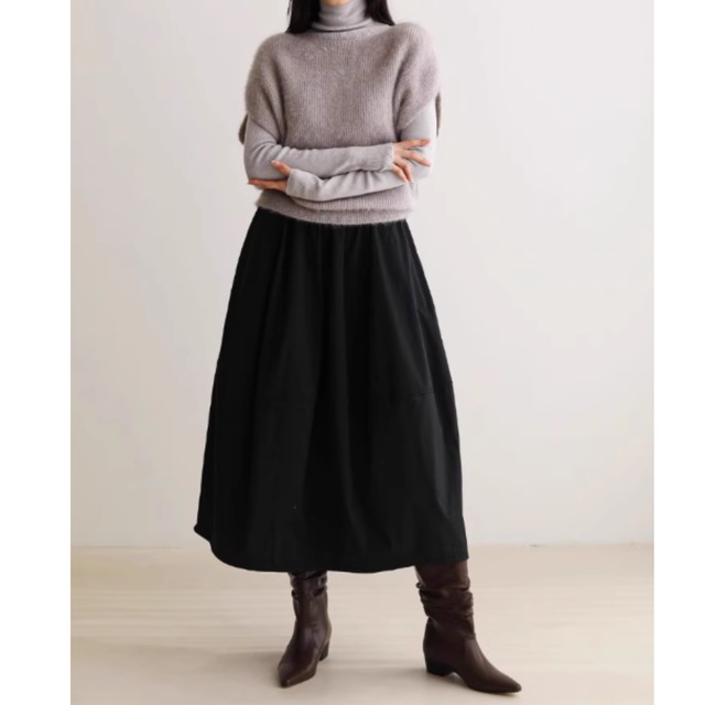 【フレアミモレ丈ゴムウエストスカート】P00838